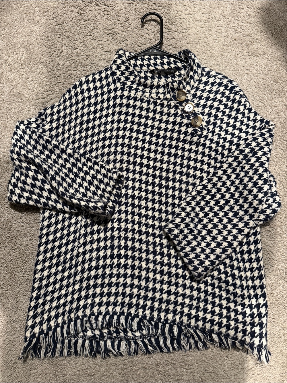 Zara Navy & Cream Houndstooth Turtleneck Sweater with Button Detail